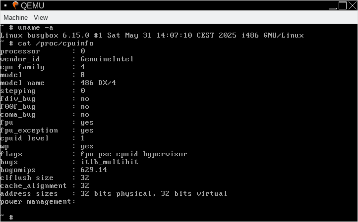 Linux 6.15 on an emulated 486 in QEMU.