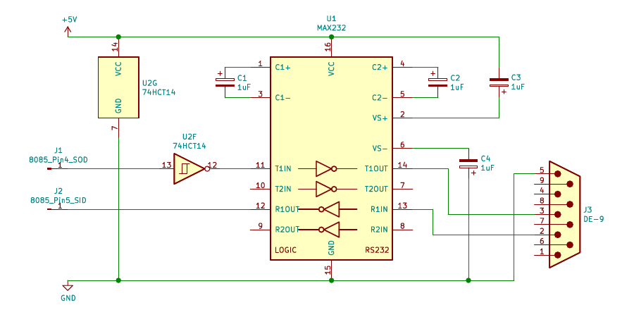 MAX232 and 74HCT14 schematic.